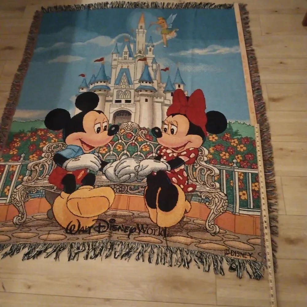 Vintage Walt Disney World Mickey Minnie Mouse Woven Tapestry Blanket 50x60